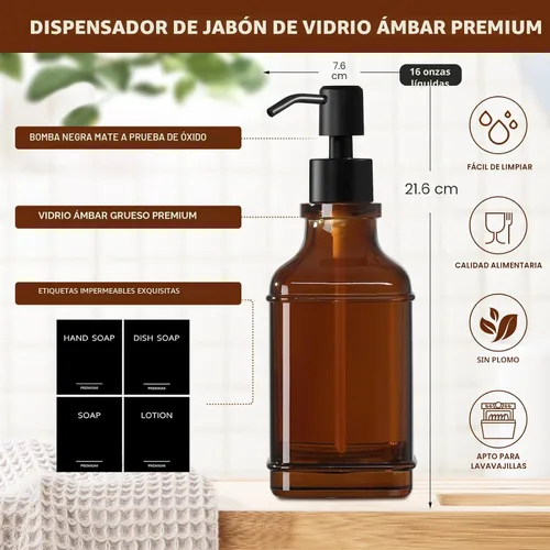 Miniatura 3 de Juego moderno de dispensador de jabón de cocina con bandeja de madera, dispensadores de jabón de vidrio ámbar con bomba, juego de dispensador