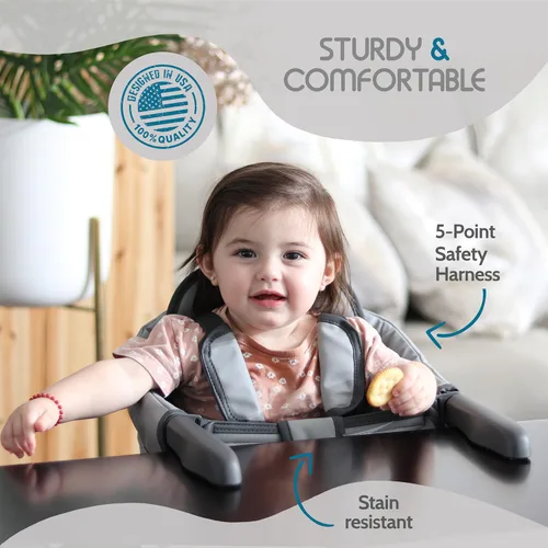 Miniatura 4 de Elegante silla alta de piel sintética con gancho para bebé, asiento de bebé portátil para comer, viajar y accesorio de mesa Gris
