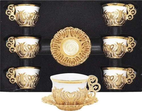 Alisveristime Juego de tazas de café turco, porcelana blanca y metal de zinc con motivos turcos, 6 tazas y platillos (dorado)