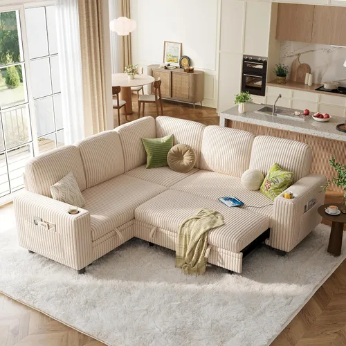 Miniatura 10 de LINSY HOME Sofá cama modular extraíble para sala de estar (beige, sofá cama 1) Sofá cama extraíble, almacenamiento, carga USB, portavasos, pana