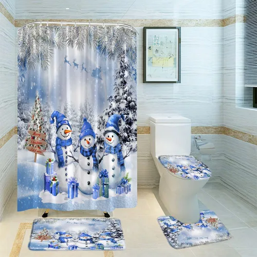 Miniatura 2 de Juego de 4 cortinas de ducha de muñeco de nieve con alfombra, diseño de árbol de pinos de invierno, lindo muñeco de nieve azul, juego de baño