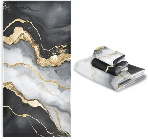 Miniatura 6 de Juego de toallas de baño para baño, toallas de mano, toallas de mano con diseño de mármol dorado y negro, 3 piezas, algodón decorativo, absorbente