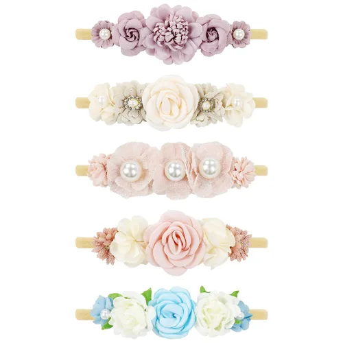 Miniatura 9 de Cinaci Paquete de 5 diademas delicadas de nailon con flores florales, accesorios para el cabello para bebés, niñas, recién nacidos, bebés y niños