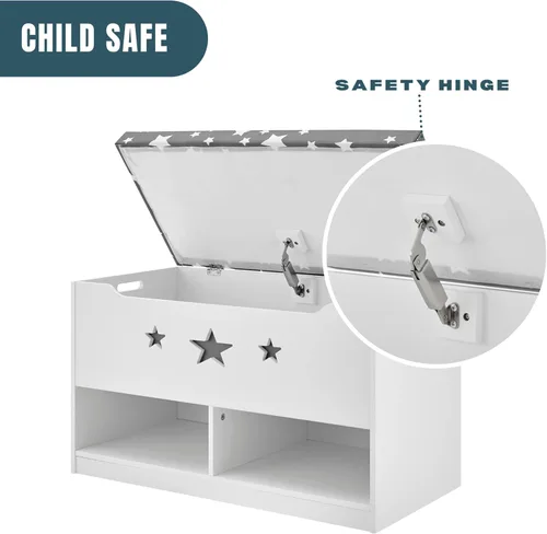 Miniatura 5 de Sturdis Caja de juguetes para niños, color gris y blanco con asiento de banco de almacenamiento de cojines, baúl de almacenamiento de juguetes
