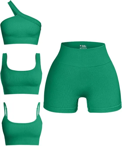 OQQ Conjunto de 4 piezas para mujer, acanalado, sin costuras, cuello redondo, brasier deportivo con un hombro descubierto, pantalones cortos de