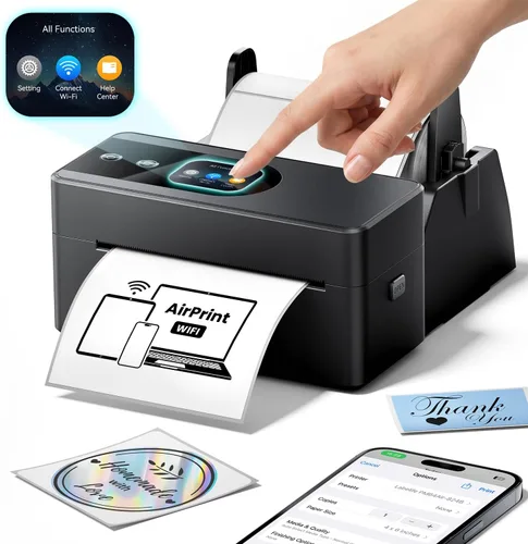 Phomemo PM64Air AirPrint Impresora térmica de etiquetas con pantalla táctil, impresora inalámbrica de etiquetas de envío Wi-Fi para pequeñas