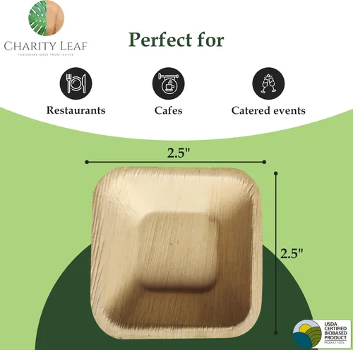 Miniatura 3 de Charity Leaf Platos desechables de hoja de palma de 2.5" cuadrados mini (25 piezas) Cuencos para sumergir De bambú Todo natural