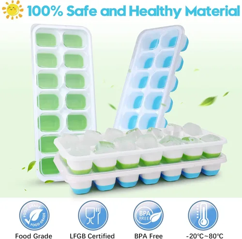 Miniatura 7 de Bandeja de silicona para cubitos de hielo, paquete de 8 bandejas de 14 cubitos de hielo flexibles y de fácil liberación con tapa extraíble