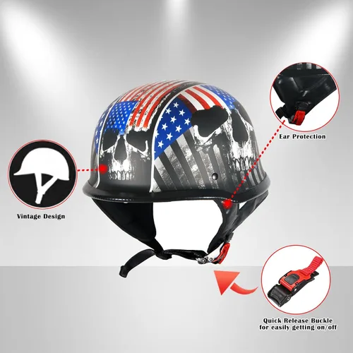 Miniatura 4 de 1Storm Casco de media cara para motocicleta, estilo alemán abierto, aprobado por DOT: HKY602 Flag Skull Bandera de calavera