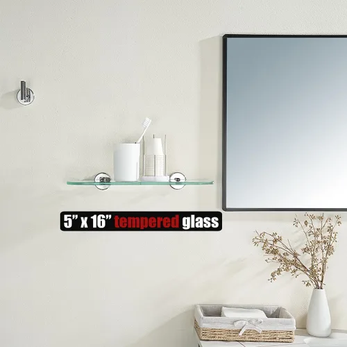 Miniatura 2 de JQK Estante de vidrio para baño cromado, almacenamiento de ducha de vidrio templado 16 por 5 pulgadas, montaje en pared cromado pulido de acero
