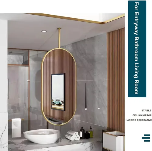 Miniatura 5 de Espejos de baño para tocador, espejo dorado montado en el techo con marco de metal y barra para colgar en el techo, espejo de pared decorativo