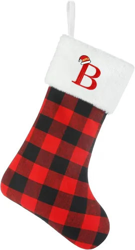 Senneny - Medias de Navidad con iniciales, 20" grandes rojas y negras a cuadros de búfalo, monograma, medias de Navidad con puño de felpa blanca y