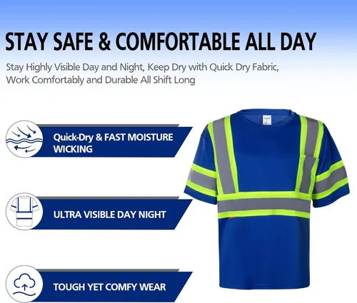 Miniatura 2 de ProtectX Camiseta de seguridad reflectante de manga corta de alta visibilidad, camisas de alta visibilidad transpirables resistentes para hombres