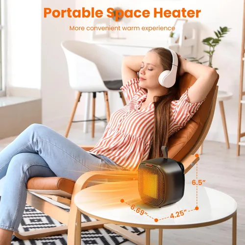 Miniatura 4 de ZAFRO Calentador de espacio de cerámica portátil de 1200 W para uso en interiores, termostato ajustable de 3 modos, protección contra vuelco y negro