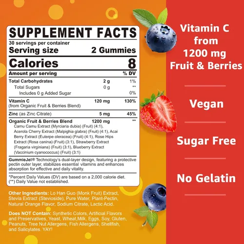 Miniatura 2 de Gomitas orgánicas de vitamina C de 120 mg para adultos, sin azúcar, defensa inmunológica diaria, antioxidante crudo, suplemento de vitamina C