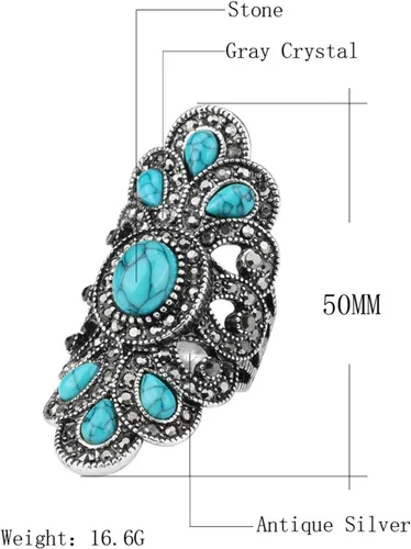 Miniatura 2 de LadayPoa Anillos vintage azul turquesa para mujer, anillos largos de flores gruesas, anillo de dedo bohemio retro grande, accesorios de joyería punk