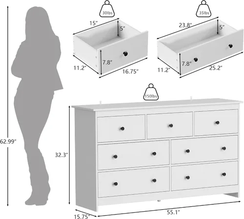 Miniatura 2 de Tradare Cómoda blanca de 7 cajones para dormitorio, cómoda de madera de 55 pulgadas de ancho con asas de metal, organizador moderno y grande