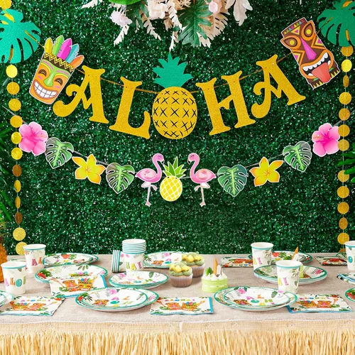 Miniatura 3 de WERNNSAI Pancarta hawaiana de Aloha para fiestas, flamenco, piña, tiki, tropical, Luau, suministros de fiesta, recuerdos, grande, dorado, brillante