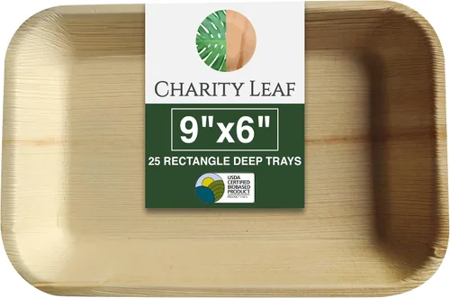 Charity Leaf Bandejas ecológicas de hoja de palma, 9 x 6 pulgadas (paquete de 25), elegantes platos inspirados en bambú, calidad premium,