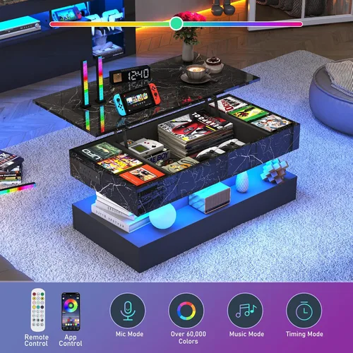 Miniatura 6 de chartustriable Mesa de Centro Grande de 39.4" con Tapa Elevable y Estación de Carga, Mesa Central LED Moderna de Alto Brillo con Compartimento