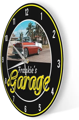 Miniatura 8 de Reloj de pared de garaje de 12 pulgadas con imagen personalizada con nombre, reloj de pared vintage para amantes de los autos, funciona
