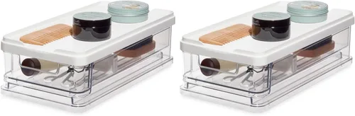 iDesign The Sarah Tanno Collection - Organizador pequeño de cosméticos apilable con tapa y divisor, transparente/blanco (paquete de 2)