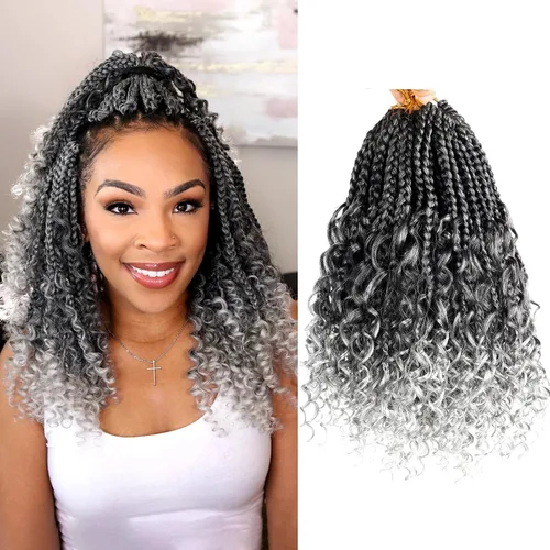 Miniatura 62 de Goddess Box Braids - Trenzas de cabello a ganchillo con extremos rizados, trenzas de caja bohemianas de 16 pulgadas, trenzas de ganchillo, 8 1B-4-30