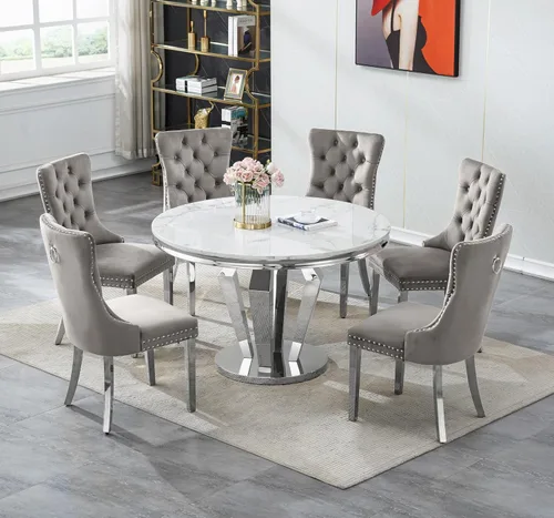 Miniatura 32 de Henf Juego de mesa de comedor redonda de mármol para 6, moderna mesa de comedor de 45 pulgadas con base de acero inoxidable con diseño de diamante