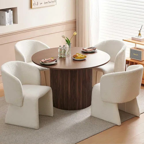 Miniatura 11 de Homedot Juego de mesa de comedor de 3 piezas para 2, mesa de cocina redonda de 47" y sillas de comedor tipo barril tapizadas en marrón, juego