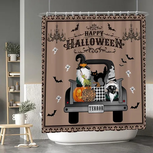 Miniatura 67 de Cortina de ducha de fantasma y gato negro para niños, 36 x 72 pulgadas, espeluznante y bonita, cortina de baño de Halloween con 6 ganchos, cortina