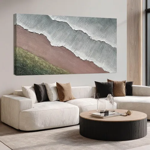 Miniatura 14 de SHEYOYE Lienzo abstracto de montaña gris azul y gris pardo con colinas verde oliva, 32 x 71 pulgadas, decoración de paisaje con textura grande