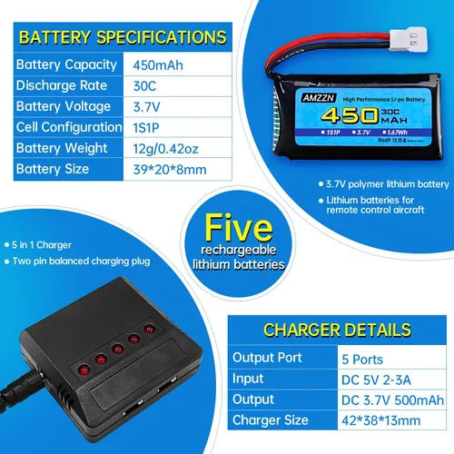 Miniatura 3 de 5 baterías Lipo de 3.7 V 450 mAh 30C con cargador 5 en 1 enchufe Molex compatible con la mayoría de drones RC, aviones de cuatro ejes y modelos