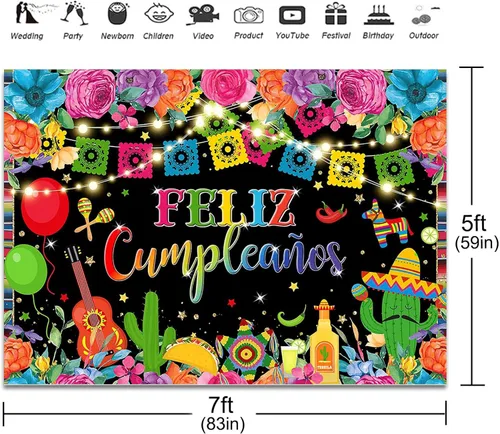 Miniatura 3 de Telón de fondo de Feliz Cumpleaños de 7 x 5 pies, fiesta mexicana, decoración de fiesta de feliz cumpleaños, cartel de fiesta de cumpleaños