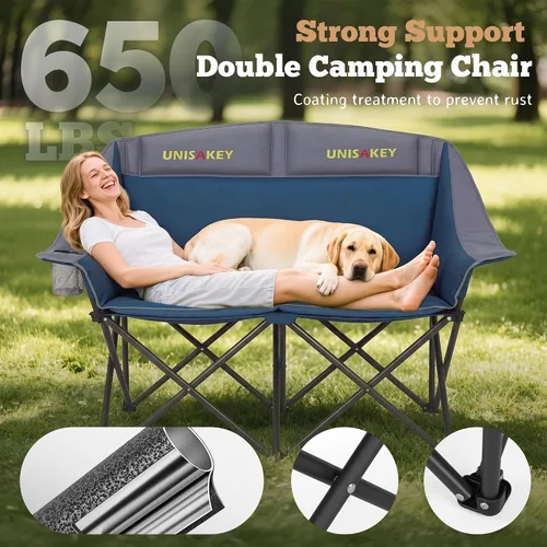 Miniatura 5 de Unisakey Silla de campamento doble, sofá biplaza acolchado de gran tamaño, silla plegable resistente de 650 libras con portavasos y bolsa