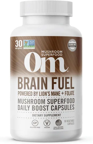 OM MUSHROOM SUPERFOOD Brain Fuel - Cápsulas en polvo de hongos suplemento superalimentario, 90 unidades, 30 días, melena de león, mezcla de reishi