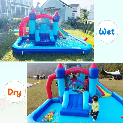 Miniatura 2 de AKEYDIY Toboganes acuáticos inflables, estilo castillo, parque acuático inflable al aire libre con escalada, borde de baloncesto, piscina