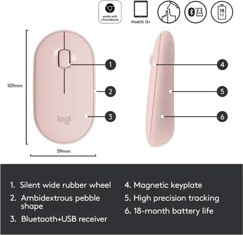 Miniatura 2 de Logitech Pebble - Ratón inalámbrico con Bluetooth o receptor de 2,4 GHz, rosa rosa