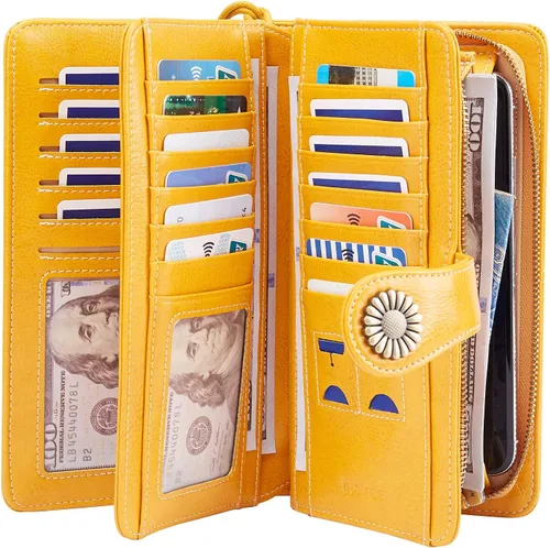 Miniatura 2 de INSIFEEL Billetera pequeña para mujer bolso compacto de cuero con bloqueo RFID RFID para mujer Amarillo Retro