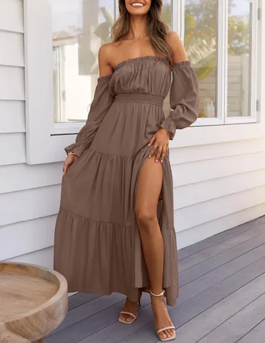 Miniatura 145 de ZESICA - Vestido largo, bohemio y sexy, con hombros descubiertos y manga larga fruncida, con elástico fruncido, cintura alta y abertura lateral