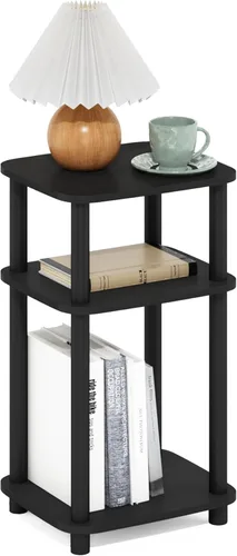 Miniatura 9 de Furinno JUST - Mesita lateral de 3 niveles con tubo giratorio N, estante abierto, mesita de noche con esquina curva redonda, mesita de cama, fácil