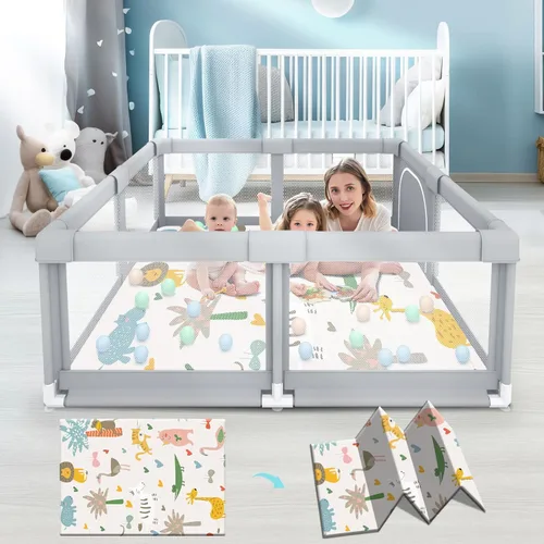 Fshibila Corralito para bebés con alfombra, corralitos para bebés y niños pequeños, corralito de juego BabyFence para interiores y exteriores, patio