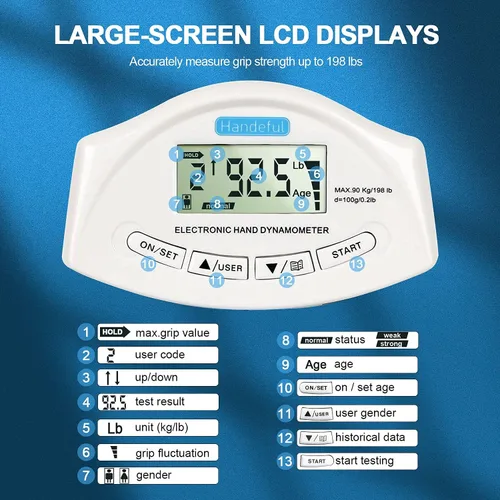 Miniatura 4 de Handeful Probador de fuerza de agarre, dinamómetro digital para medición de mano, captura automática electrónica de antebrazo y dedo de potencia