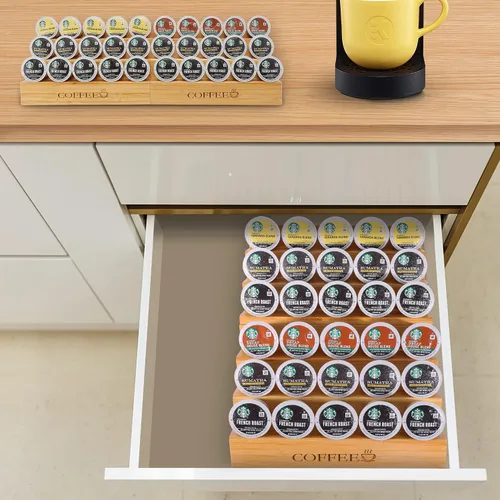 Miniatura 5 de MinBoo Organizador de bambú de 2 piezas con forma de escalón para K-Cup para cajón o encimera para estación de café, capacidad para 30 cápsulas