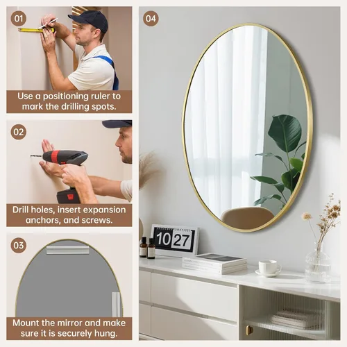 Miniatura 6 de Espejo ovalado dorado para baño, espejo de baño ovalado de 20 x 28 pulgadas con marco de metal cepillado, espejo de tocador decorativo montado