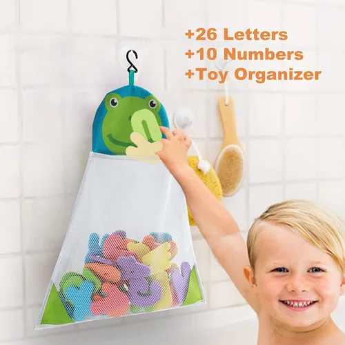 Miniatura 4 de Organizador de juguetes de baño + 36 de espuma suave ABC 123 letras y números, alfabeto de baño, juguetes para bebé, letras de espuma de aprendizaje