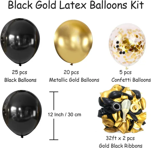 Miniatura 2 de Globos negros y dorados, 50 globos de confeti negro y dorado de 12 pulgadas, decoraciones de fiesta para cumpleaños, graduación, Año Nuevo, boda
