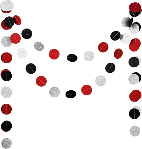 Miniatura 2 de Guirnalda de papel con purpurina roja, negra y plateada, círculo, serpentina, telón de fondo, decoración para colgar, 2.5 pulgadas de diámetro, 20