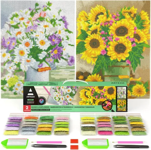 Arteza Kit de pintura de diamantes 5D, paquete de 2, margaritas y girasoles, arte de diamantes de perforación completa para adultos, lienzos de 12 x