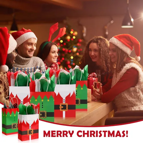 Miniatura 4 de Nuanchu Paquete de 24 bolsas de regalo de papel de Navidad a granel con asas, bolsas de regalo de traje de Papá Noel de 8.7 x 6.3 x 3.15 pulgadas