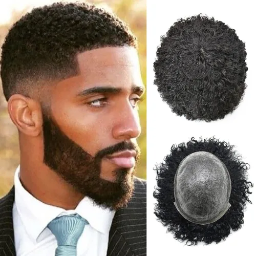 Miniatura 10 de Afro Toupee para hombres Unidades de cabello humano real para hombres negros inyectado PU Toupee afroamericano para hombre postizo rizado sistema